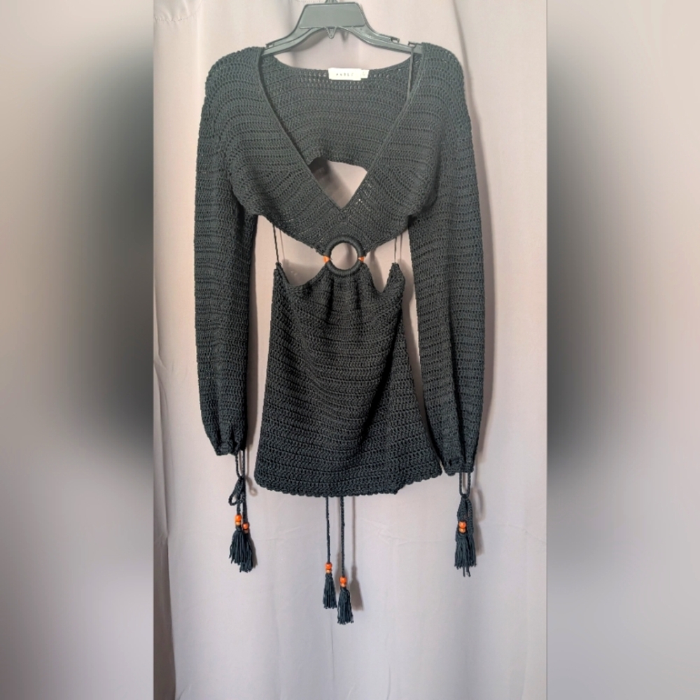 Black Knit Cutout Sweater with Tassels